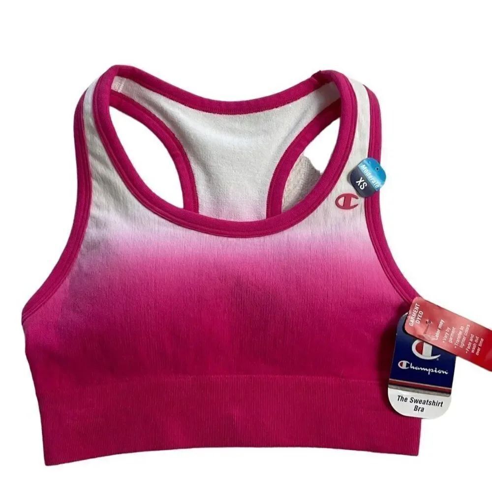 CHAMPION WOMEN’S XSmall The Sweatshirt Racerback Dip Dye Coral Cream Sports Bra